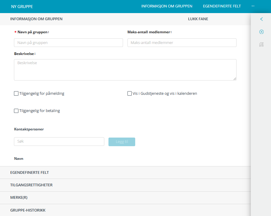 Skjermbildet viser arbeidsflaten 'Ny gruppe' i 'Kontakter og Grupper' i Medarbeideren.