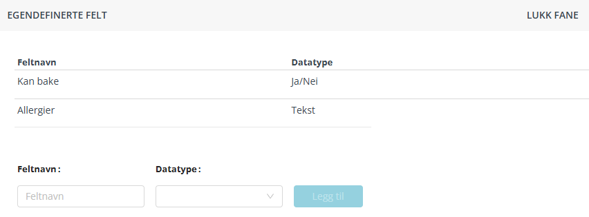 Skjermbildet viser fanen 'Egendefinerte felt' i arbeidsflaten 'Ny Gruppe'.