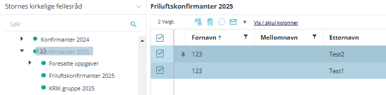 Skjermbildet viser kopiering av kontakter mellom grupper i 'Kontakter og Grupper' i Medarbeideren.