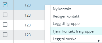 Skjermbildet viser funksjonen 'Fjern kontakt fra gruppe' i Medarbeideren.