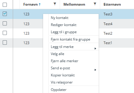 Skjermbildet viser handlingsmeny for kontakter i gruppe i Medarbeideren.