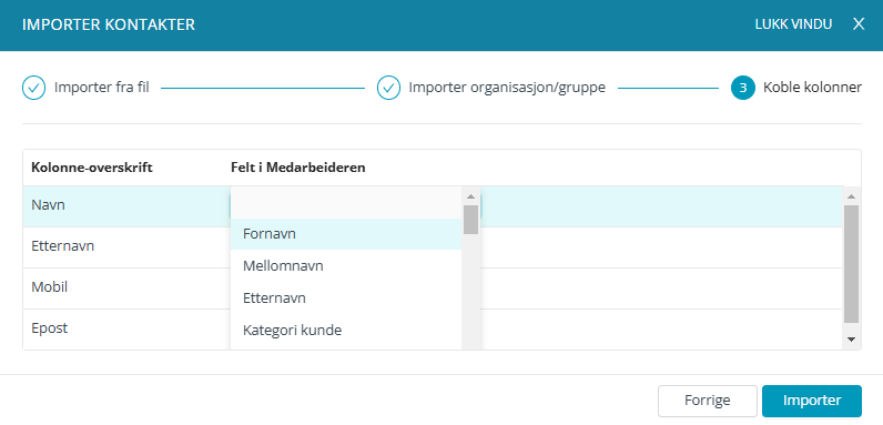 Kolonnetilordning for import.