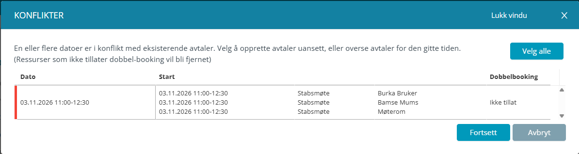 Visning av konflikt på avtale.
