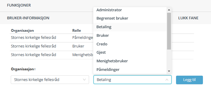Skjermbildet viser tildeling av roller i Medarbeideren.