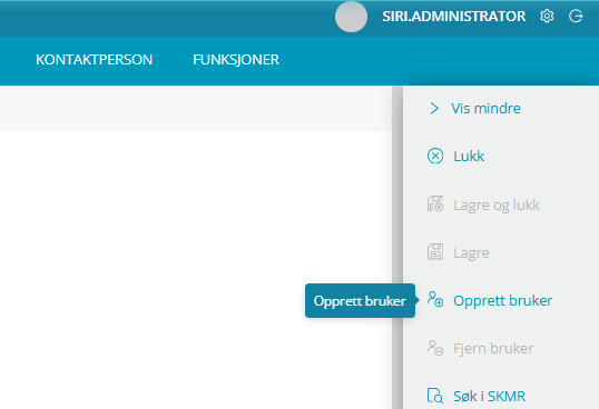 Skjermbildet viser funksjonen 'Opprett bruker' i Medarbeideren kontaktkort.
