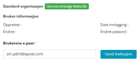 Skjermbildet viser utsendelse av brukerinvitasjon i Medarbeideren kontaktkort.