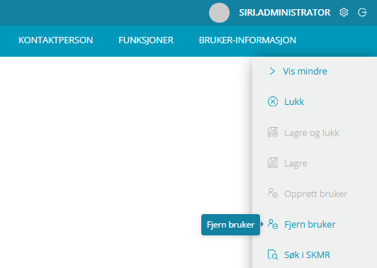 Skjermbildet viser funksjonen 'Fjern bruker' i Medarbeideren kontaktkort.