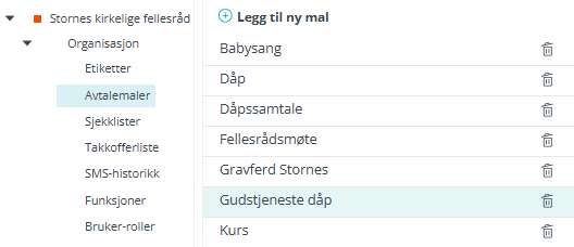 Skjermbildet viser 'Organisasjon-Avtalemaler' i 'Administrasjon' modulen i Medarbeideren.