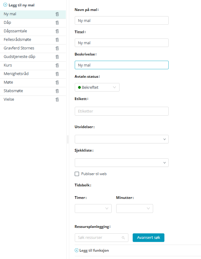 Skjermbildet viser arbeidsflaten for 'Ny mal' i 'Organisasjon–Avtalemaler'.