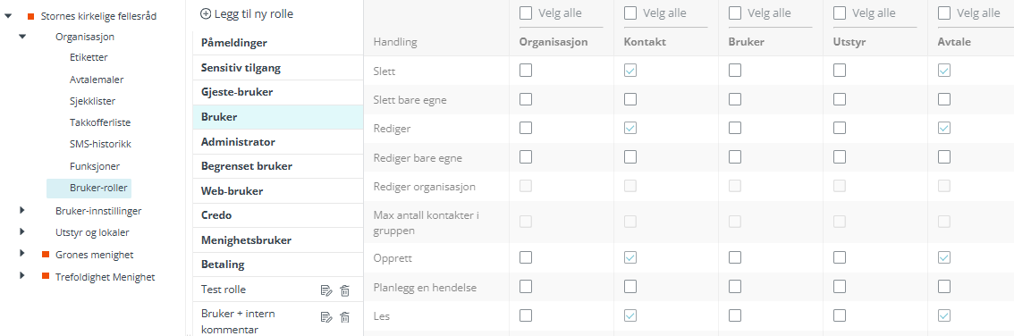 Skjermbildet viser 'Organisasjon-Bruker-roller' i 'Administrasjon' modulen i Medarbeideren.