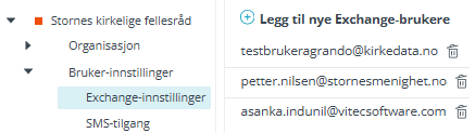 Skjermbildet viser 'Bruker-innstillinger'/'Exchange-innstillinger' i 'Administrasjon' modulen i Medarbeideren.