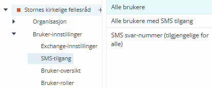 Skjermbildet viser 'Bruker-innstillinger / SMS-tilgang' i 'Administrasjon'-modulen i Medarbeideren.