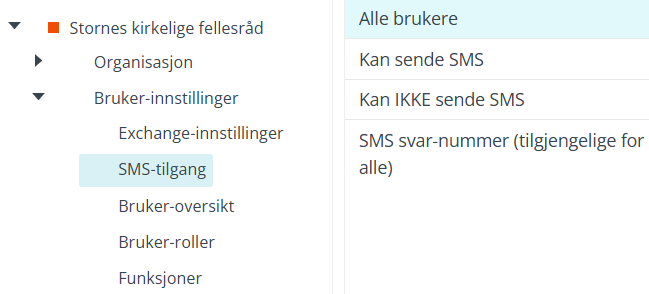 Skjermbildet viser utvidet 'Bruker-innstillinger / SMS-tilgang' i 'Administrasjon' modulen i Medarbeideren.