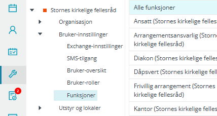 Skjermbildet viser 'Bruker-innstillinger / Funksjoner' i 'Administrasjon' modulen i Medarbeideren