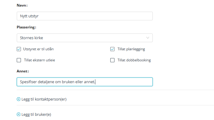 Skjermbildet viser opprettelsen av nytt utstyr i Medarbeideren.