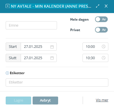 Skjermbildet viser arbeidsflaten 'Ny avtale' i Medarbeideren kalender.