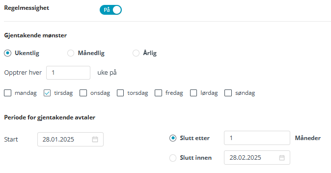 Skjermbildet viser 'Utvidelser' i Medarbeideren kalender avtale.