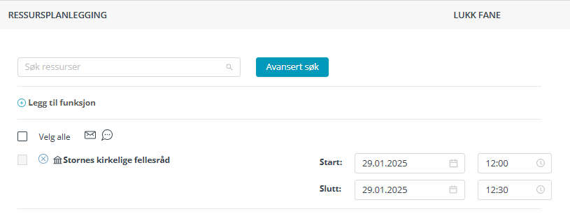 Skjermbildet viser fanen 'Ressursplanlegging' i Medarbeideren kalender avtale.