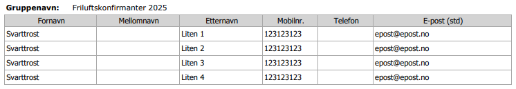 Skjermbildet viser rapport Telefonliste fra Medarbeideren 'Kontakter og grupper'.