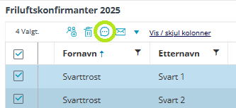 Skjermbildet viser handlinger og SMS utsendelse i Medarbeideren 'Kontakter og Grupper'.