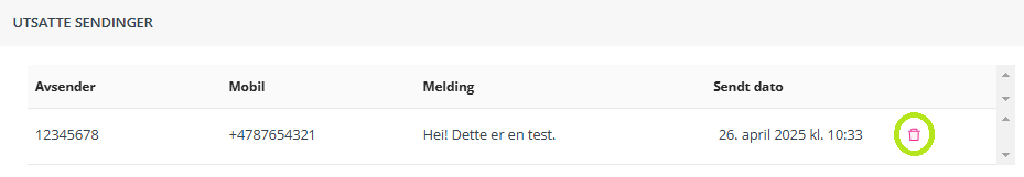 Skjermbildet viser fane 'Utsatte sendinger' i arbeidsflaten for SMS utsendelse i Medarbeideren 'Kontakter og Grupper'.