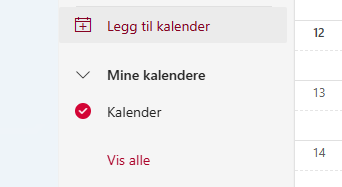 Skjermbildet viser 'Legg til kalender' i Outlook kalenderen.