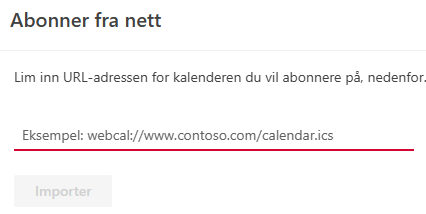 Skjermbildet viser 'Abonner fra nett' i Outlook kalenderen.