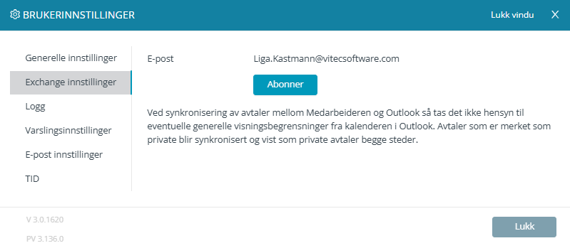 Fanen 'Exchange-innstillinger' i Medarbeideren.