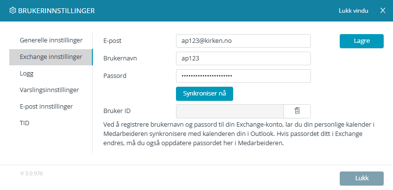 Skjermbildet viser arbeidsflaten 'Brukerinnstillinger' i Medarbeideren, fane 'Exchange innstillinger.