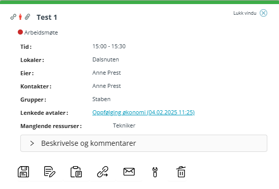Skjermbildet viser 'Enkelt-klikk' visning av avtale i Medarbeideren kalender.
