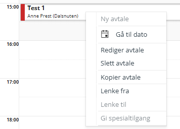 Skjermbildet viser 'Høyre-klikk' funksjon for avtale i Medarbeideren kalender.