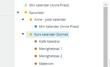 Skjermbildet viser private favoritter i Medarbeideren kalender.