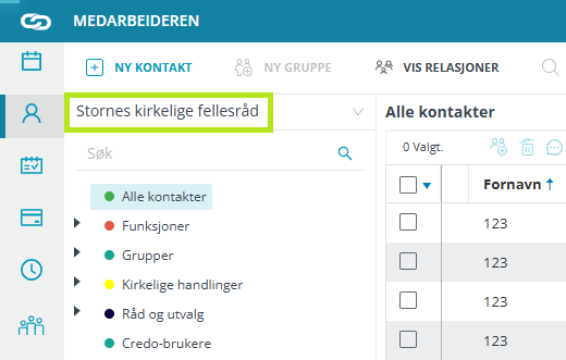 Skjermbildet viser navigasjons meny for 'Kontakter og Grupper' i Medarbeideren.