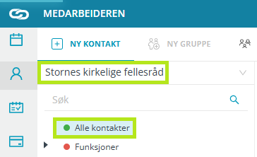 Skjermbildet viser funksjon 'Ny kontakt' i Medarbeideren 'Kontakter og Grupper'.