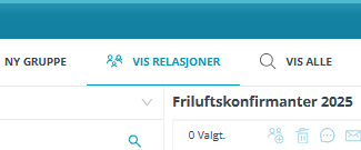 Skjermbildet viser funksjon 'Vis relasjoner' i Medarbeideren 'Kontakter og Grupper'.