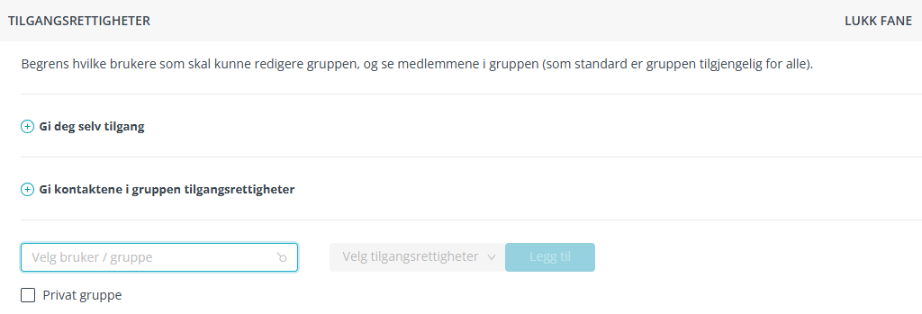 Skjermbildet viser fanen 'Tilgangsrettigheter' for arbeidsflate 'Ny Gruppe'.