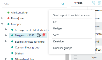 Skjermbildet viser 'Grupper' i navigasjons meny for 'Kontakter og Grupper' i Medarbeideren. Redigerings alternativer er synlig.