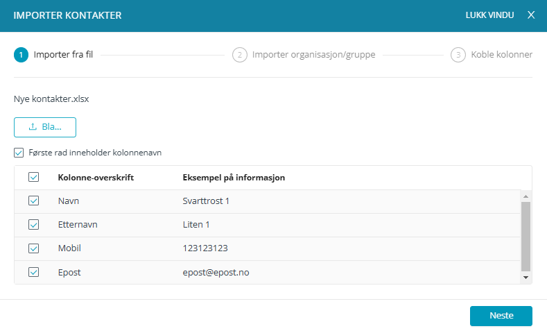 Skjermbildet viser import av kontakter til gruppe.
