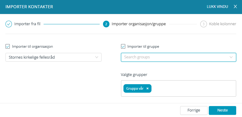Skjermbildet viser import av kontakter til gruppe.