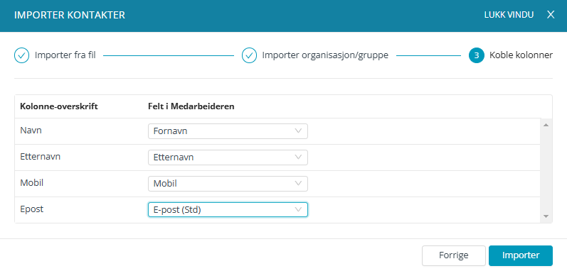 Skjermbildet viser import av kontakter til gruppe.