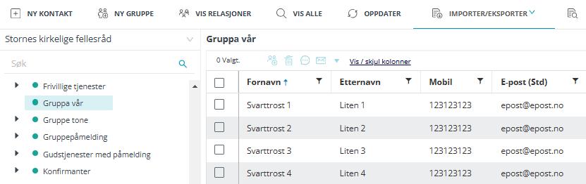 Skjermbildet viser import av kontakter til gruppe.