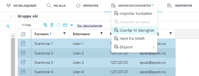 Skjermbildet viser funksjon 'Eksporter til Menighet' på 'Kontakter og Grupper'i Medarbeideren.