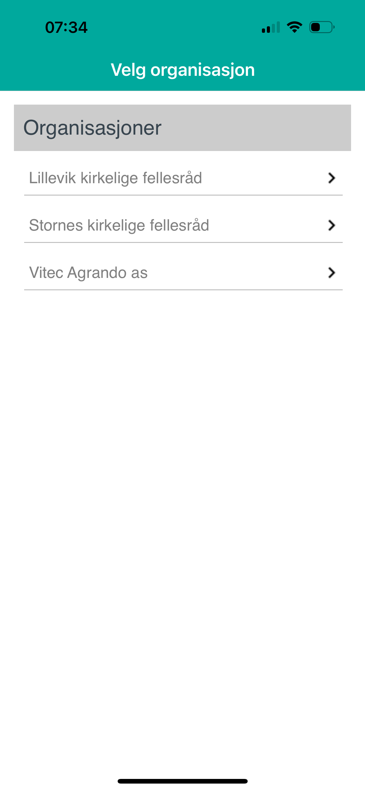 Velg organisasjon i Medarbeideren-appen.