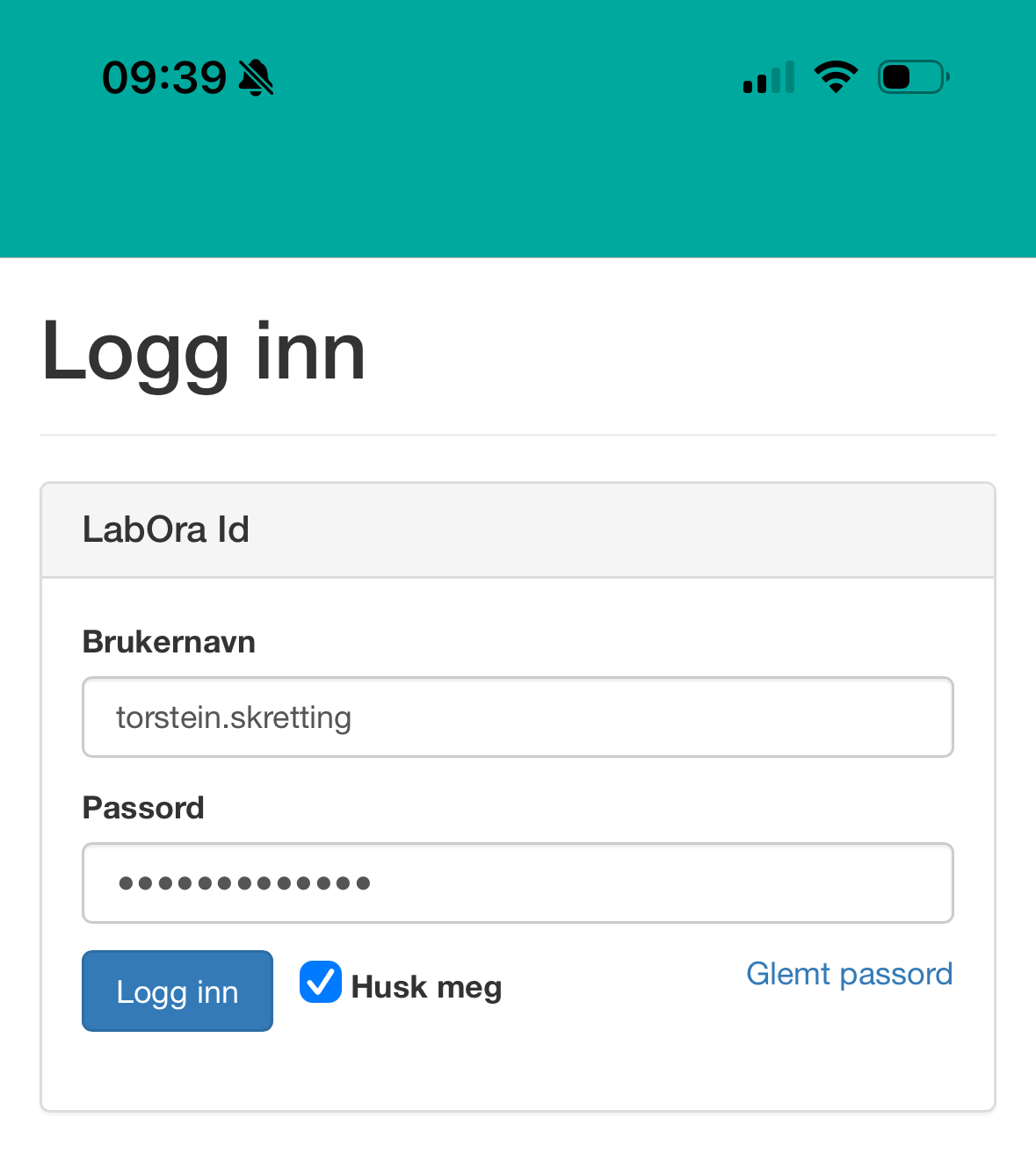 Felter for innlogging.