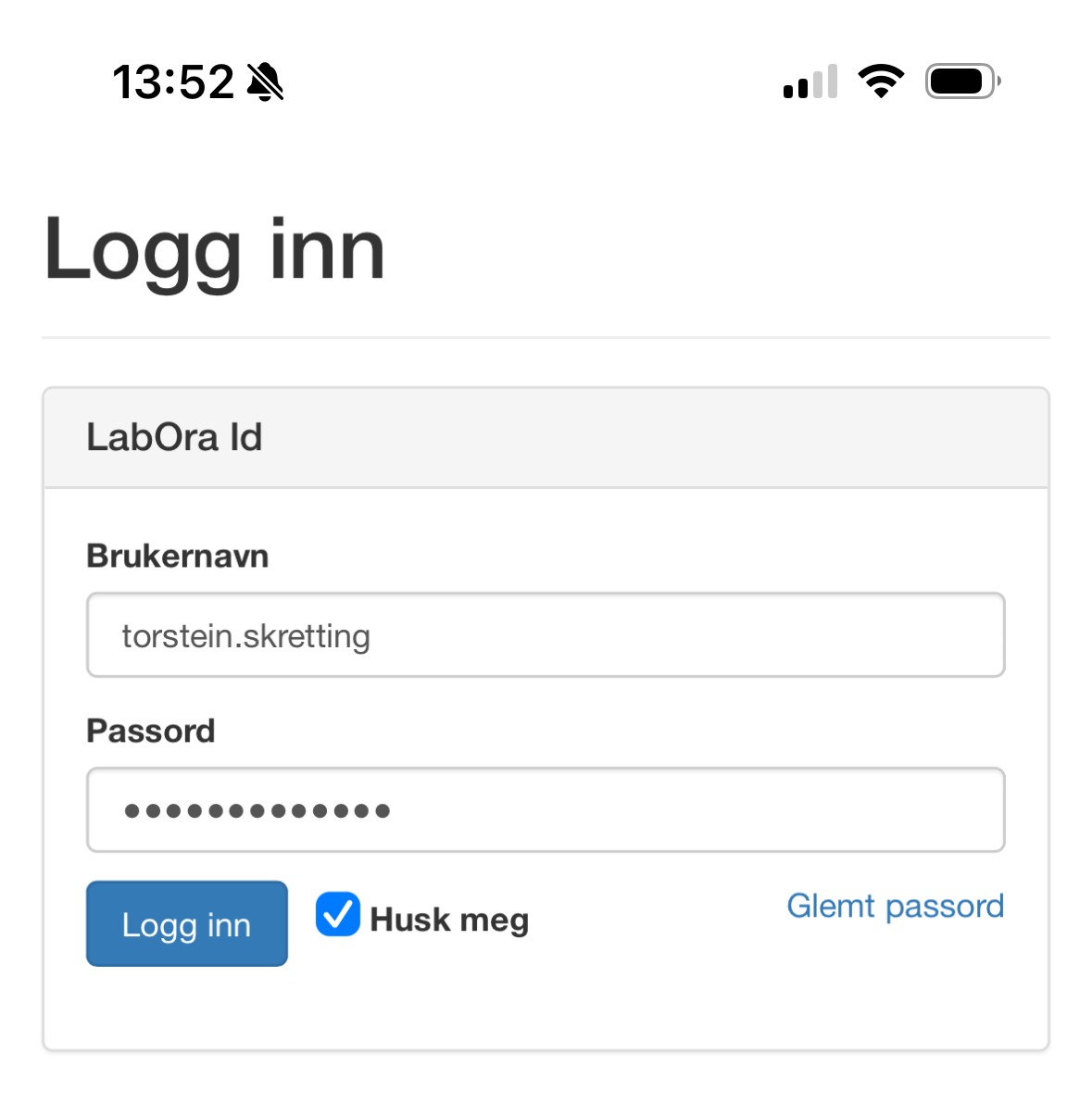 Felter for innlogging.