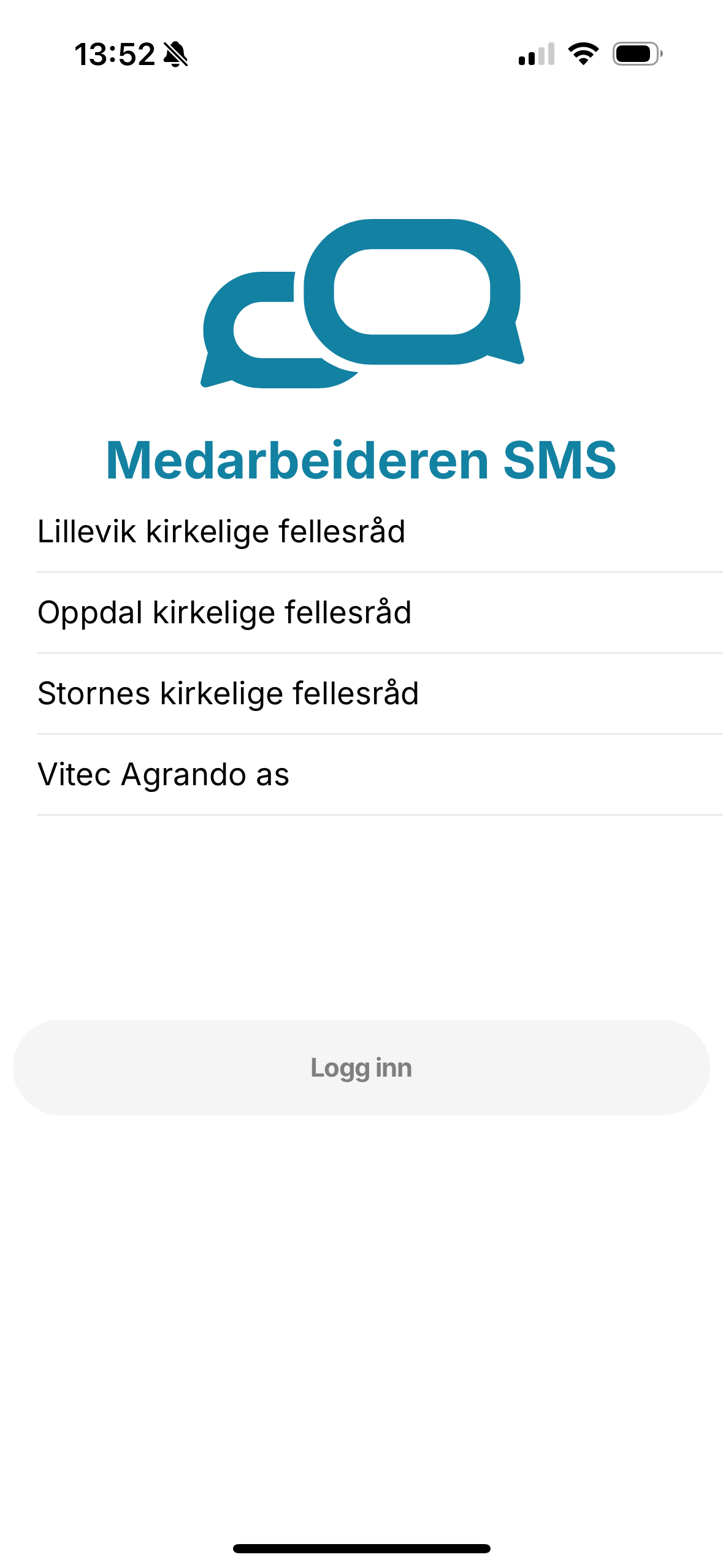 Velg organisasjon i Medarbeideren SMS-appen.