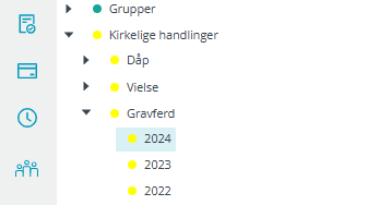 Skjermbildet viser 'Kontakter og grupper' / 'Kirkelige handlinger' i Medarbeideren.