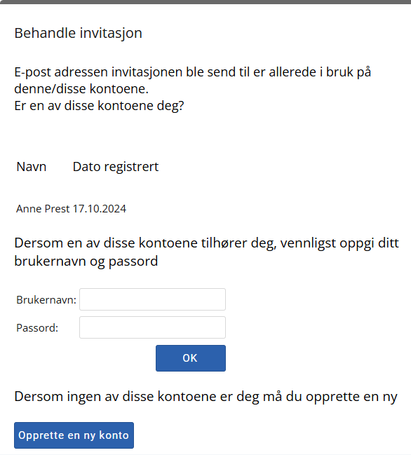 Skjermbildet viser 'Behandle invitasjon' siden.