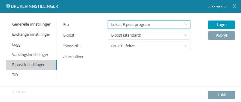 Skjermbildet viser arbeidsflaten 'Brukerinnstillinger' i Medarbeideren, fane 'E-post innstillinger'.