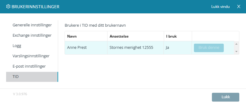 Skjermbildet viser arbeidsflaten 'Brukerinnstillinger' i Medarbeideren, fane 'TID'.